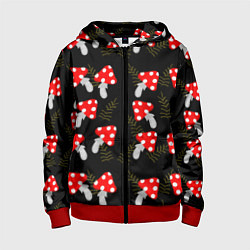 Толстовка на молнии детская Мухоморы на черном фоне, цвет: 3D-красный