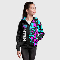 Толстовка на молнии детская Иван и неоновый герб России: по-вертикали, цвет: 3D-черный — фото 2