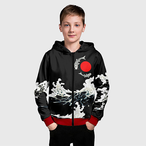 Детская толстовка на молнии Волны и рыбки / 3D-Красный – фото 3