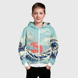 Толстовка на молнии детская Морской пейзаж с большими волнами на закате, цвет: 3D-белый — фото 2