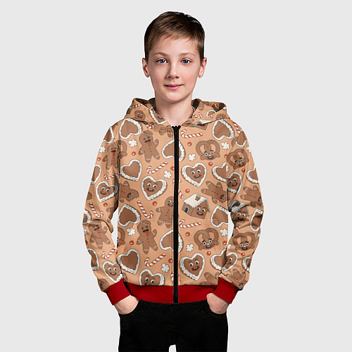 Детская толстовка на молнии Новогодний паттерн с печеньем / 3D-Красный – фото 3
