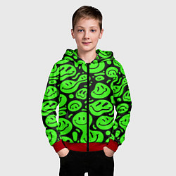 Толстовка на молнии детская Психоделические смайлы - салатовый неон, цвет: 3D-красный — фото 2