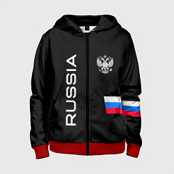 Толстовка на молнии детская Россия и три линии на черном фоне, цвет: 3D-красный