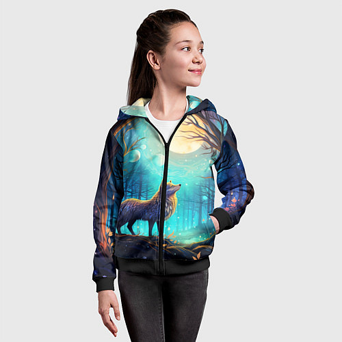 Детская толстовка на молнии Волк в ночном лесу в folk art стиле / 3D-Черный – фото 4