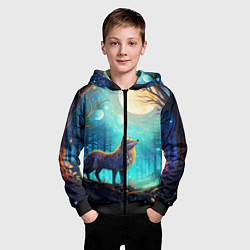 Толстовка на молнии детская Волк в ночном лесу в folk art стиле, цвет: 3D-черный — фото 2