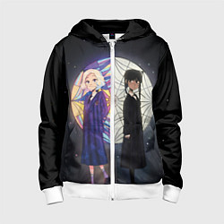 Толстовка на молнии детская Энид и Уэнсдэй на фоне окна, цвет: 3D-белый