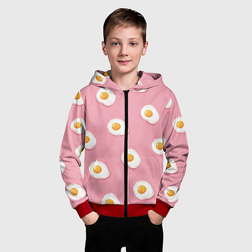 Детская толстовка на молнии Яичница на розовом фоне / 3D-Красный – фото 3