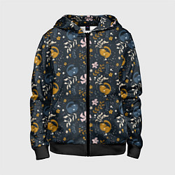 Толстовка на молнии детская Растительный паттерн с котиками, цвет: 3D-черный