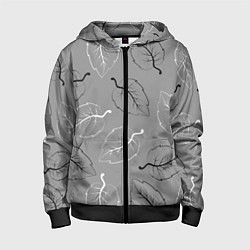 Толстовка на молнии детская Узор из черных и белых листьев на сером фоне, цвет: 3D-черный