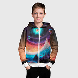 Толстовка на молнии детская Абстрактный кусок земли со снежным лесом и космосо, цвет: 3D-белый — фото 2