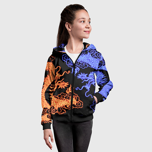 Детская толстовка на молнии Парящие неоновые драконы / 3D-Черный – фото 4