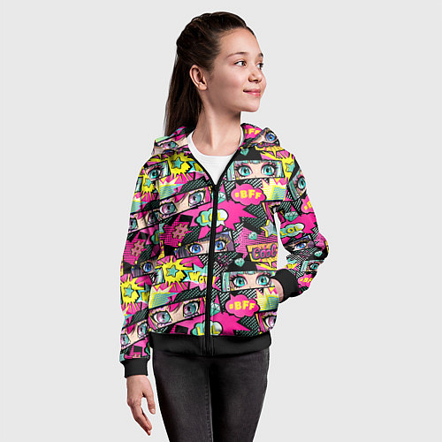 Детская толстовка на молнии Глаза аниме-девушки: cool pattern / 3D-Черный – фото 4