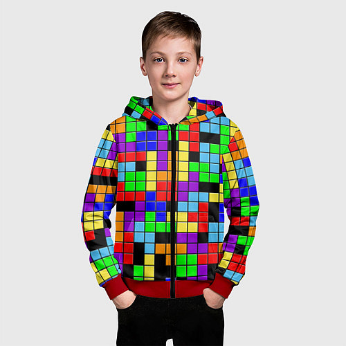 Детская толстовка на молнии Тетрис цветные блоки / 3D-Красный – фото 3