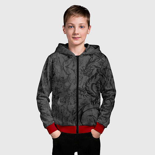 Детская толстовка на молнии Black dragon - grunge / 3D-Красный – фото 3
