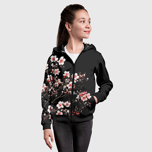 Детская толстовка на молнии Цветущая сакура - белые и красные / 3D-Черный – фото 4
