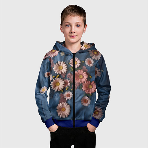 Детская толстовка на молнии Хризантемы на джинсе / 3D-Синий – фото 3