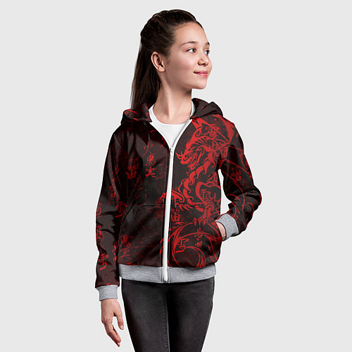 Детская толстовка на молнии Красный дракон - иероглифы / 3D-Меланж – фото 4