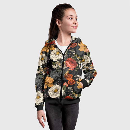 Детская толстовка на молнии Цветочный паттерн на черном / 3D-Черный – фото 4