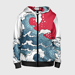 Толстовка на молнии детская Страна восходящего солнца - большая волна, цвет: 3D-черный