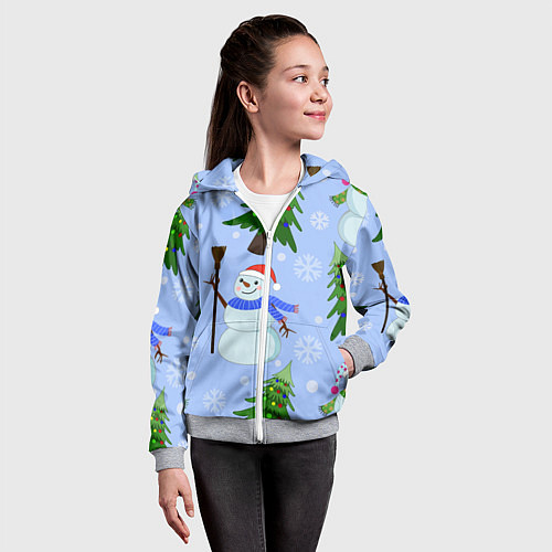 Детская толстовка на молнии Снеговики с новогодними елками паттерн / 3D-Меланж – фото 4