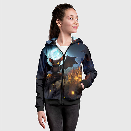 Детская толстовка на молнии Летучая мышка на фоне луны и замка / 3D-Черный – фото 4