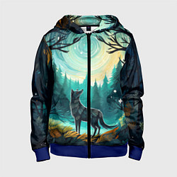 Толстовка на молнии детская Волк в ночном лесу фолк-арт, цвет: 3D-синий