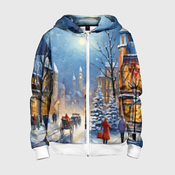 Толстовка на молнии детская Новогодний городской пейзаж, цвет: 3D-белый