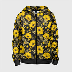 Толстовка на молнии детская Желтые цветы на черном фоне паттерн, цвет: 3D-черный