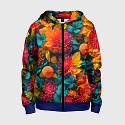 Толстовка на молнии детская Яркие шикарные цветы узор, цвет: 3D-синий