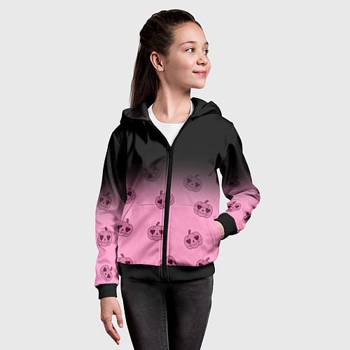Детская толстовка на молнии Черно-розовый градиент и хэллоуинские тыквы паттер / 3D-Черный – фото 4
