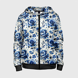 Толстовка на молнии детская Гжель узор паттерн, цвет: 3D-черный