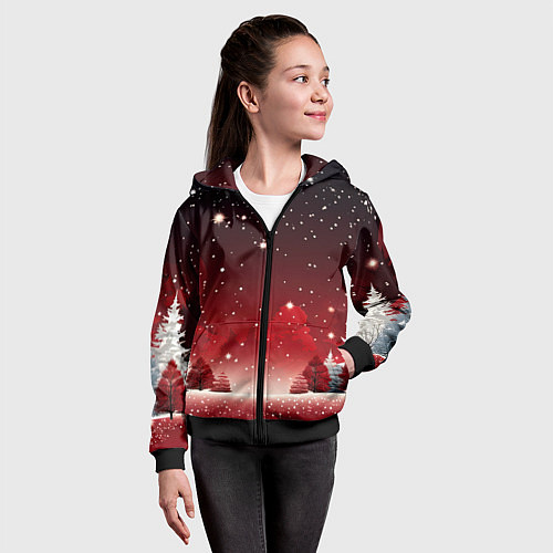 Детская толстовка на молнии Зимний берег реки с деревьями и льдом / 3D-Черный – фото 4