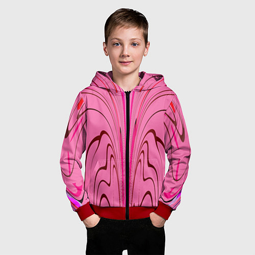 Детская толстовка на молнии Плавные линии на розовом фоне / 3D-Красный – фото 3