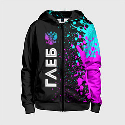 Толстовка на молнии детская Глеб и неоновый герб России по-вертикали, цвет: 3D-черный