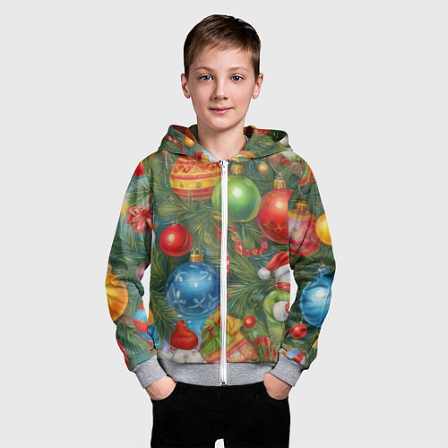 Детская толстовка на молнии Новогодний принт на елке / 3D-Меланж – фото 3