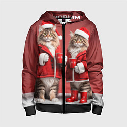 Толстовка на молнии детская С новым котом - два кота в костюмах Санты, цвет: 3D-черный