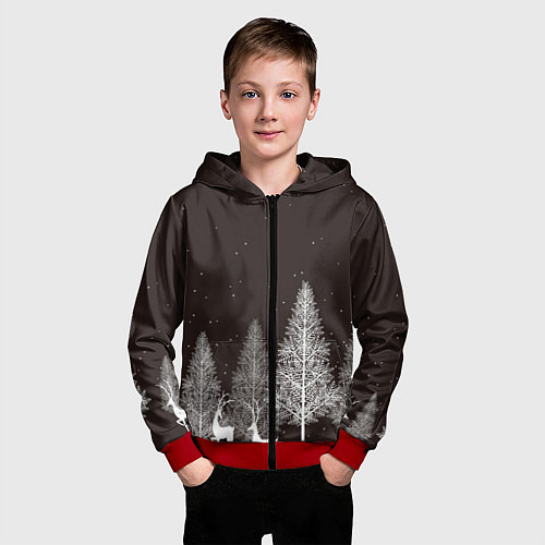 Детская толстовка на молнии Олени в лесу / 3D-Красный – фото 3