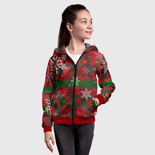 Детская толстовка на молнии Рождественские узоры ёлки и снежинки / 3D-Красный – фото 4