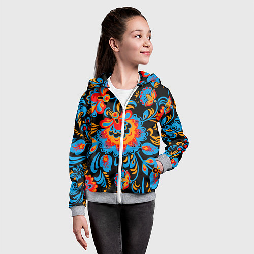 Детская толстовка на молнии Хохломская роспись разноцветные цветы на чёроном ф / 3D-Меланж – фото 4