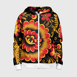 Толстовка на молнии детская Хохломская роспись красно-жёлтые цветы на чёрном ф, цвет: 3D-белый