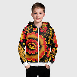 Толстовка на молнии детская Хохломская роспись красно-жёлтые цветы на чёрном ф, цвет: 3D-белый — фото 2