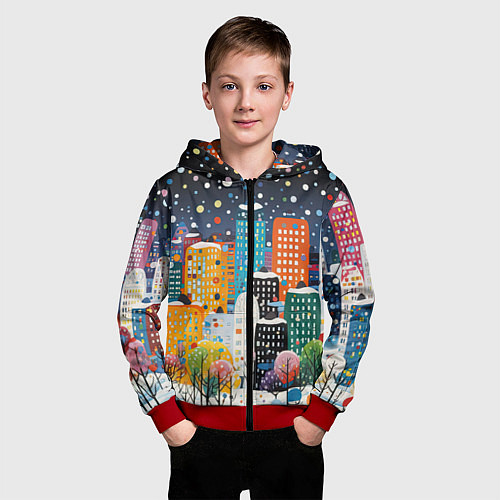 Детская толстовка на молнии Новогодний ночной город / 3D-Красный – фото 3