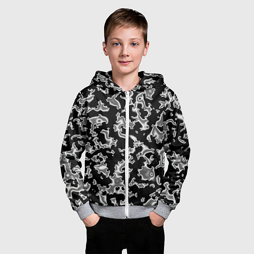 Детская толстовка на молнии Капли жидкого металла - камуфляж на чёрном / 3D-Меланж – фото 3