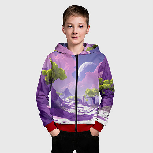 Детская толстовка на молнии Фиолетовые горы зеленые деревья и космос / 3D-Красный – фото 3