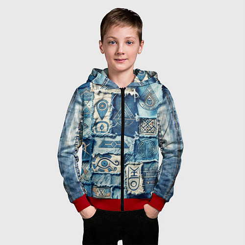 Детская толстовка на молнии Племя майя-пэчворк / 3D-Красный – фото 3