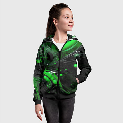 Детская толстовка на молнии Green dark abstract geometry style / 3D-Черный – фото 4