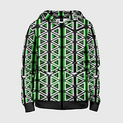 Детская толстовка на молнии Бело-зелёные треугольники на чёрном фоне