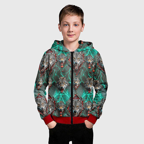 Детская толстовка на молнии Эпичный паттерн из волков / 3D-Красный – фото 3