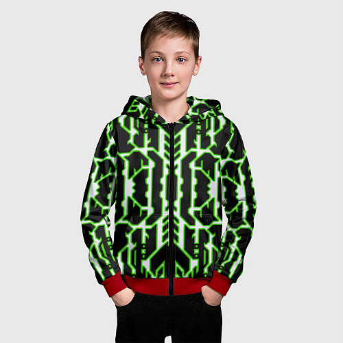 Детская толстовка на молнии Техно белые линии с зелёной обводкой на чёрном фон / 3D-Красный – фото 3