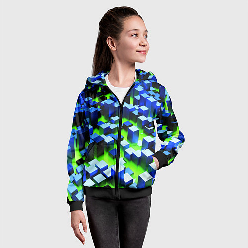 Детская толстовка на молнии Синие блоки в зеленом тумане / 3D-Черный – фото 4